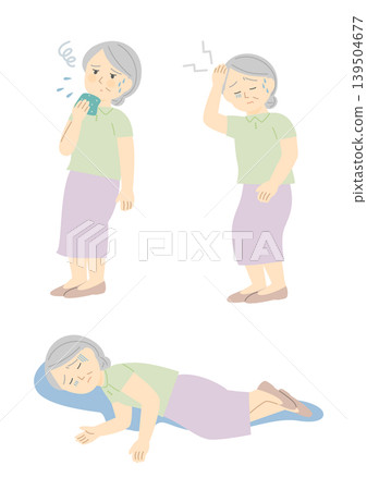 A set of illustrations depicting a senior woman suffering from heatstroke. 139504677