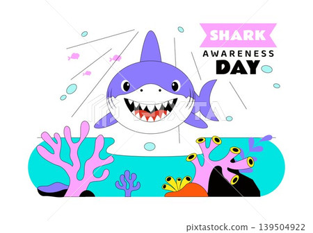 Shark Awareness Day Vector Illustration Featuring Cute Ocean Shark Marine Life Coral Reef And Underwater Conservation Theme Design 139504922