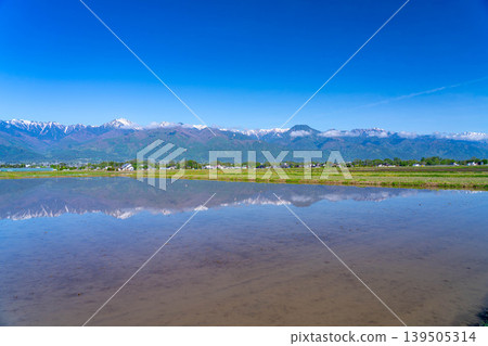 [Early Summer Scenery] A giant water mirror appears in Azumino in early summer [Nagano Prefecture] 139505314