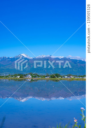 【初夏景色】初夏時節,長野縣安曇野市出現了一面巨大的水鏡。 【初夏景色】初夏時節,長野縣安曇野市出現了一面巨大的水鏡。 139505326