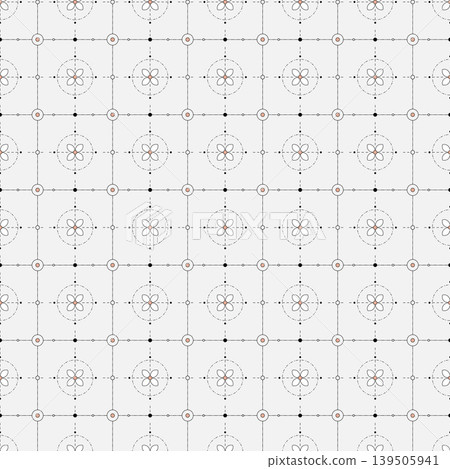 Minimalist Geomatics Seamless Pattern with Floral Icons and Dotted Technical Grid 139505941