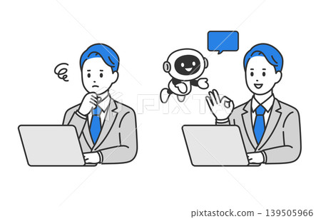 A set of vector illustrations of a business professional man solving problems with AI and chatbots. A set of vector illustrations of a business professional man solving problems with AI and chatbots. 139505966