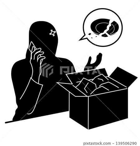 Silhouette of a woman who discovers damage to a delivered package and makes a complaint over the phone. Silhouette of a woman who discovers damage to a delivered package and makes a complaint over the phone. 139506290
