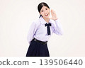 Happy Asian high school student girl in Thai school uniform shouting and announcing with hand around mouth, isolated on white background. 139506440