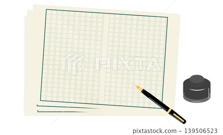 Illustration of manuscript paper, ink, and a fountain pen Illustration of manuscript paper, ink, and a fountain pen 139506523
