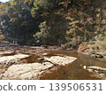 The gentle flow of the river in the valley and the landscape of the rocky cliffs, illuminated by the autumn sunlight. 139506531