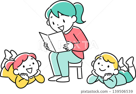 一位女士正在為孩子們朗讀一本書,孩子們都認真地聽著。 一位女士正在為孩子們朗讀一本書,孩子們都認真地聽著。 139506539