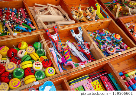 Colorful wooden toys sold in European markets Colorful wooden toys sold in European markets 139506601