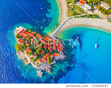 Sveti Stefan, Montenegro. Adriatic Sea aerial island view 139506857