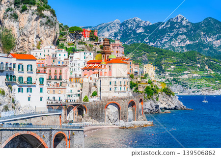 Amalfi, Italy. Atrani cliff-hanging colored houses village in Campania Amalfi, Italy. Atrani cliff-hanging colored houses village in Campania 139506862