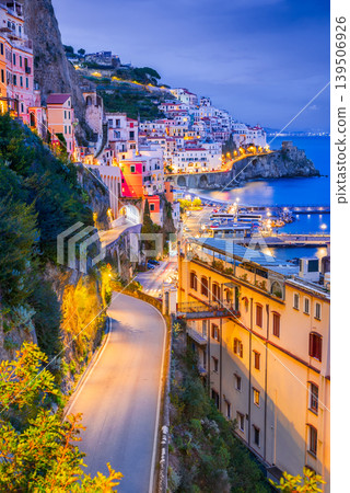 Amalfi, Italy. Costa Amalfitana night landscape, Campania Amalfi, Italy. Costa Amalfitana night landscape, Campania 139506926