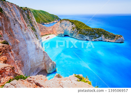 Zakynthos, Greece. Navagio Beach, shipwreck and turquoise waters Zakynthos, Greece. Navagio Beach, shipwreck and turquoise waters 139506957