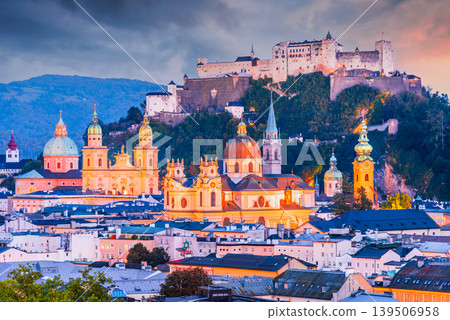 Salzburg, Austria. Festung Hohensalzburg at night Salzburg, Austria. Festung Hohensalzburg at night 139506958