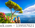 Ravello, Amalfi. Beautiful church, cypress trees and sweeping sea view, Campania - Italy. 139507021