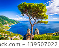 Ravello, Amalfi. Beautiful church, cypress trees and sweeping sea view, Campania - Italy. 139507022