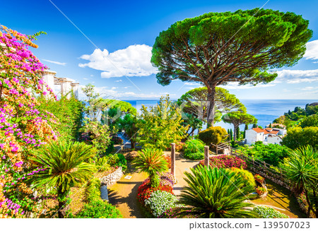 Ravello, Salerno. Cypress trees and sweeping sea view on Amalfi, Italy. Ravello, Salerno. Cypress trees and sweeping sea view on Amalfi, Italy. 139507023