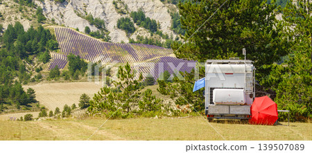 Rv camper camping in mountains, Baronnies Park in Provence France. Rv camper camping in mountains, Baronnies Park in Provence France. 139507089