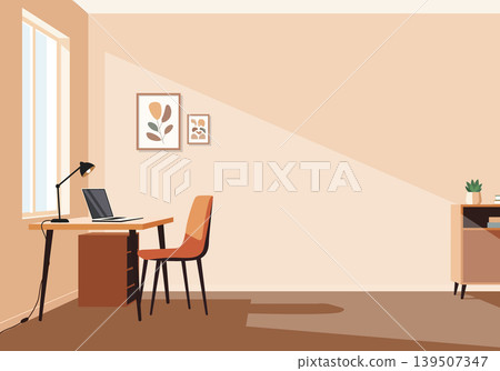 Cozy Earth Tone Home Office Vector with Large Wall Copy Space area 139507347