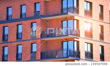 Downtown modern residential architecture. Architectural details of modern apartment building. Modern european residential apartment building complex. Downtown modern residential architecture. Architectural details of modern apartment building. Modern european residential apartment building complex. 139507946