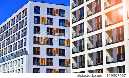 Downtown modern residential architecture. Architectural details of modern apartment building. Modern european residential apartment building complex. Downtown modern residential architecture. Architectural details of modern apartment building. Modern european residential apartment building complex. 139507967