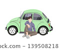 一幅插圖，描繪了一名男子坐在一輛老舊的小汽車裡。 139508218