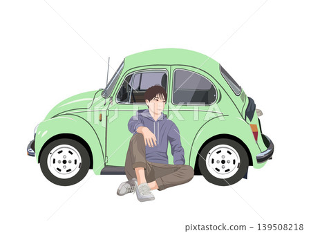 一幅插圖,描繪了一名男子坐在一輛老舊的小汽車裡。 一幅插圖,描繪了一名男子坐在一輛老舊的小汽車裡。 139508218