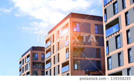 Downtown modern residential architecture. Architectural details of modern apartment building. Modern european residential apartment building complex. Downtown modern residential architecture. Architectural details of modern apartment building. Modern european residential apartment building complex. 139508285