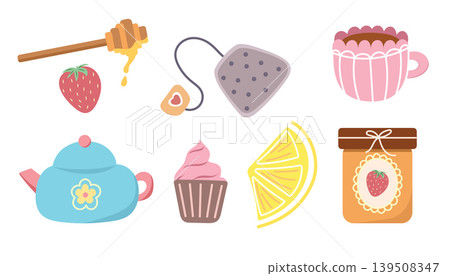 Cozy tea time sticker set with teapot and honey 139508347