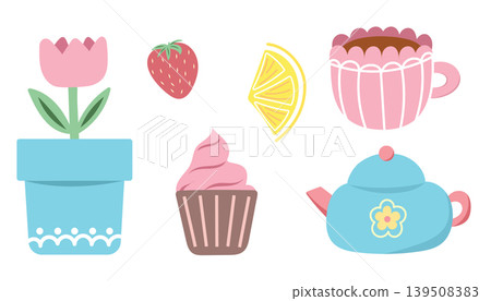 Sweet tea ceremony set with teapot and cupcakes 139508383