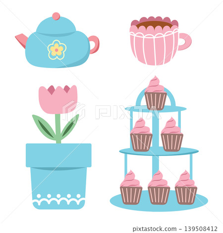 Afternoon tea set with teapot and tiered stand 139508412
