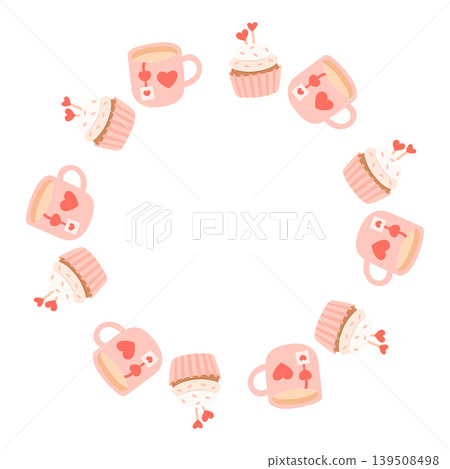 Cupcake and tea mug wreath with heart pattern 139508498