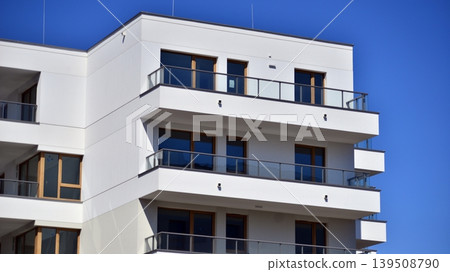 Downtown modern residential architecture. Architectural details of modern apartment building. Modern european residential apartment building complex. 139508790