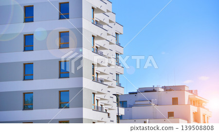 Downtown modern residential architecture. Architectural details of modern apartment building. Modern european residential apartment building complex. 139508808