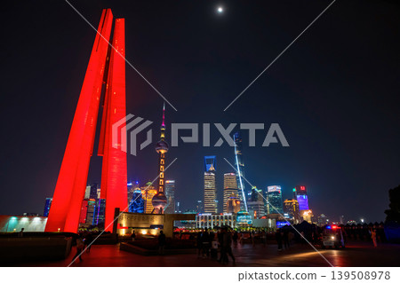People Heroes Memorial Tower light up of the Bund at night, Shanghai People Heroes Memorial Tower light up of the Bund at night, Shanghai 139508978