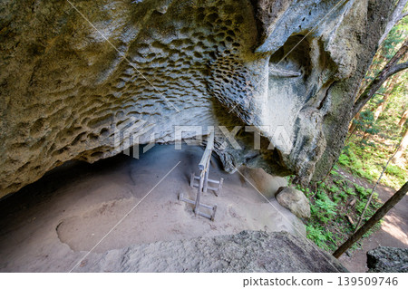 Tarumi Ruins: The dimly lit cave interior of a Japanese shrine, featuring a wooden ladder and a sandy cave floor. Tarumi Ruins: The dimly lit cave interior of a Japanese shrine, featuring a wooden ladder and a sandy cave floor. 139509746