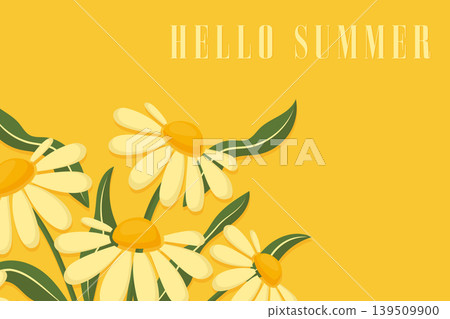Hello summer greeting banner with daisy flowers on yellow background vector illustration. 139509900