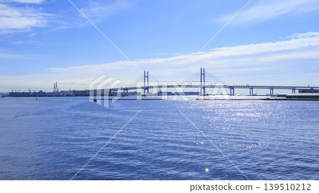 The Bay Bridge seen from Yamashita Park under a clear blue sky The Bay Bridge seen from Yamashita Park under a clear blue sky 139510212