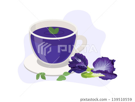 Butterfly Pea Flower Herbal Blue Tea with Mint Leaves Stock Illustration. 139510559