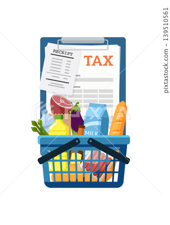 Grocery Basket with Food Items Receipt and Tax stock illustration. Grocery Basket with Food Items Receipt and Tax stock illustration. 139510561