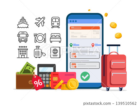 Online Travel Booking App with Suitcase and Icons Stock Illustration. Online Travel Booking App with Suitcase and Icons Stock Illustration. 139510562