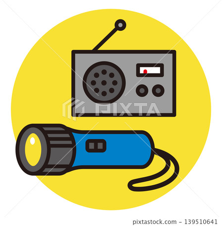 收音機和手電筒圖示。家用電器和災難救援插圖。 收音機和手電筒圖示。家用電器和災難救援插圖。 139510641