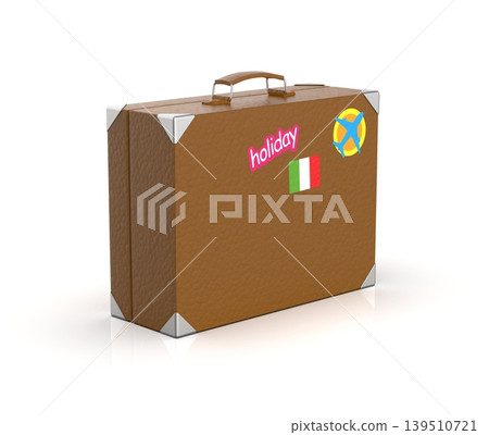 Vintage Travel Suitcase with Holiday Stickers, 3d rendering Vintage Travel Suitcase with Holiday Stickers, 3d rendering 139510721