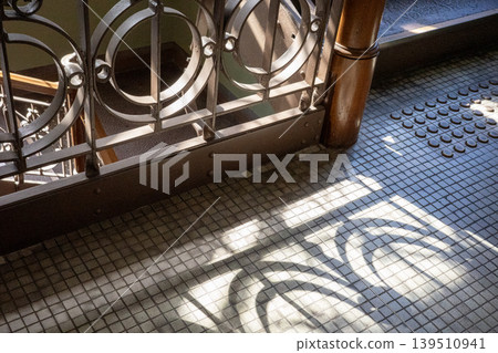 Art Deco iron railings cast decorative shadows on mosaic tiles Art Deco iron railings cast decorative shadows on mosaic tiles 139510941