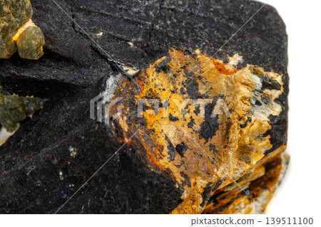 Macro mineral stone Quartz Hedenbergite Prase on ilvite on a white background 139511100