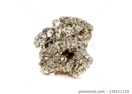 Macro mineral stone Pyrite gold on white background Macro mineral stone Pyrite gold on white background 139511119