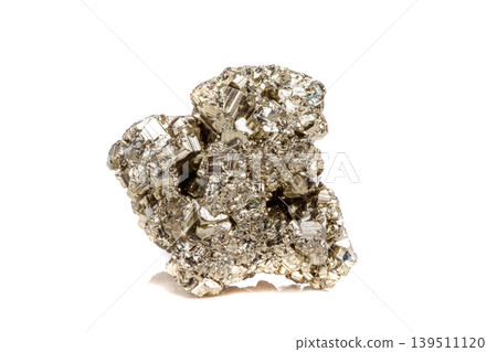 Macro mineral stone Pyrite gold on white background 139511120