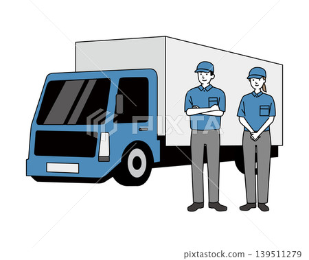 送貨員,一男一女,站在卡車前面。 送貨員,一男一女,站在卡車前面。 139511279