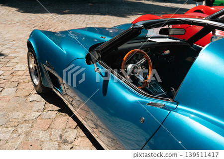 Berlin, Germany - May 2, 2026. Blue Corvette convertible detail 139511417