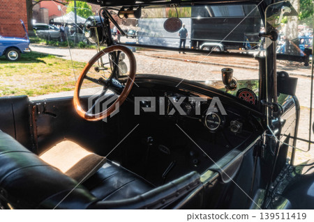 Berlin, Germany - May 2, 2026. Interior of vintage touring car Berlin, Germany - May 2, 2026. Interior of vintage touring car 139511419