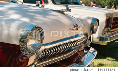 Berlin, Germany - May 2, 2026. GAZ Volga detail at Oldtimer Open Air Berlin, Germany - May 2, 2026. GAZ Volga detail at Oldtimer Open Air 139511424